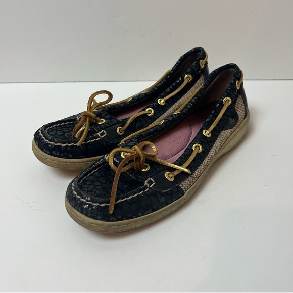 Sperry's Topsider Angelfish Boat Shoe Black Animal Print 6.5M - Picture 1 of 12